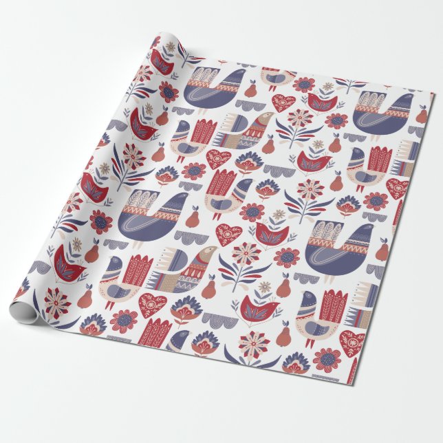 Scandinavian Winter Floral Birds Wrapping Paper (Unrolled)