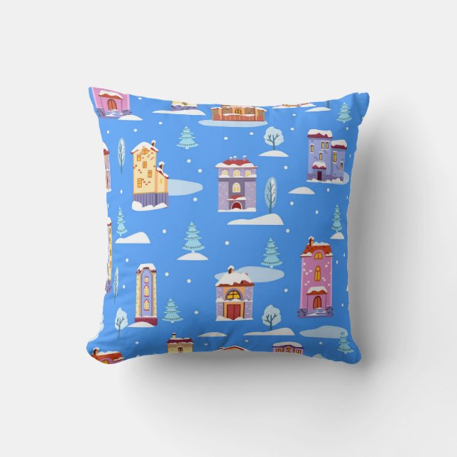 Scandinavian Winter Houses Snow Pattern Cushion (Front)