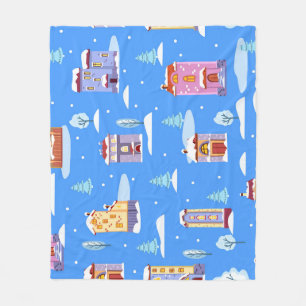 Scandinavian Winter Houses Snow Pattern Fleece Blanket