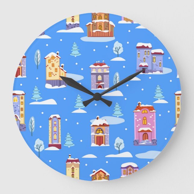 Scandinavian Winter Houses Snow Pattern Large Clock (Front)