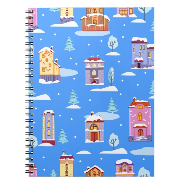Scandinavian Winter Houses Snow Pattern Notebook (Front)
