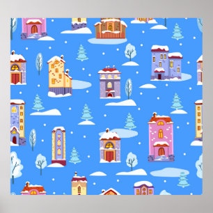 Scandinavian Winter Houses Snow Pattern Poster