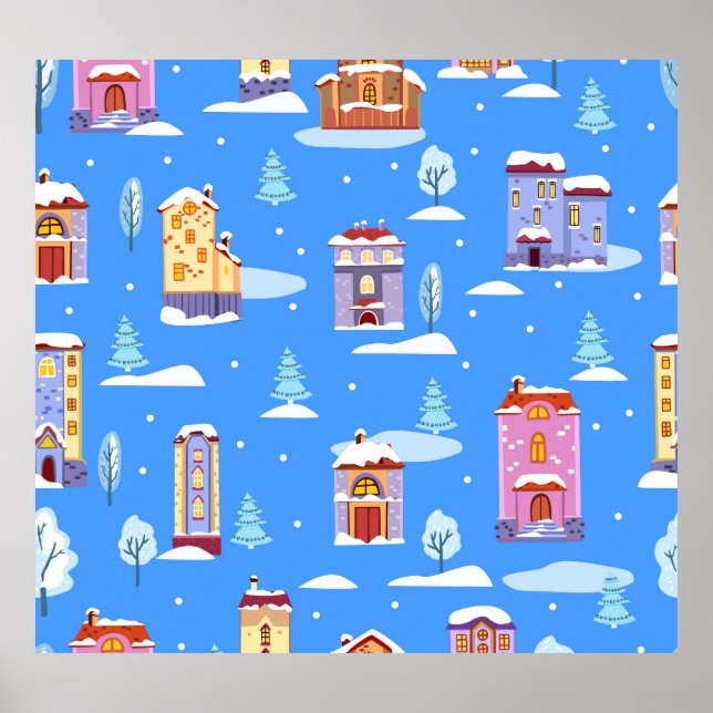 Scandinavian Winter Houses Snow Pattern Poster (Front)