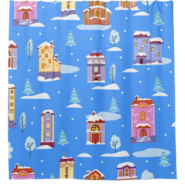 Scandinavian Winter Houses Snow Pattern Shower Curtain (Front)