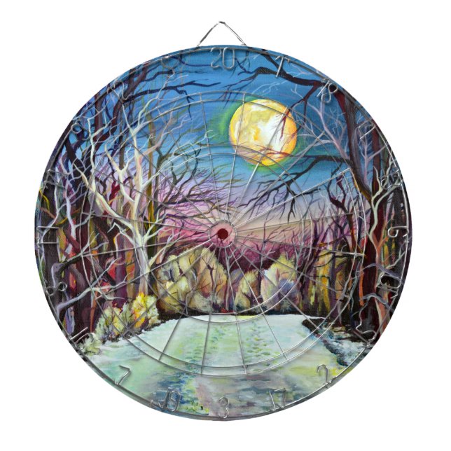 Scandinavian  Winter Night Full Moon in Sweden Dartboard (Front)
