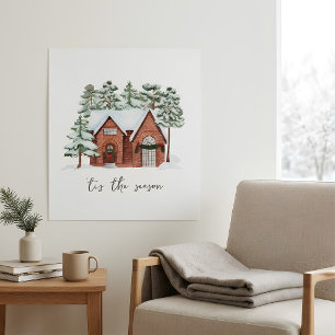 Scandinavian Winter Pine Forest Farm House Holiday Poster