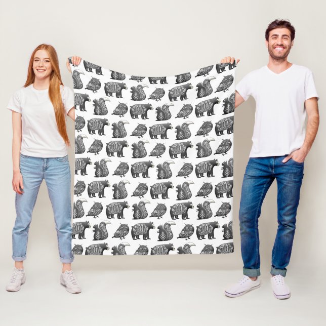 Scandinavian Woodland Animal Art Grey Pattern Fleece Blanket (In Situ)