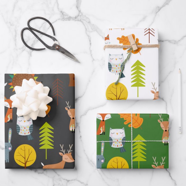Scandinavian Woodland Animals Christmas Wrapping Paper Sheet (Front)