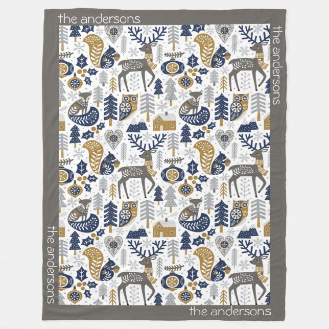 Scandinavian Woodland Animals Snowflakes Christmas Fleece Blanket (Front)