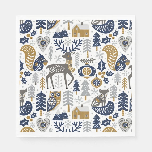 Scandinavian Woodland Animals Snowflakes Christmas Napkin (Front)