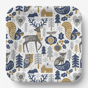 Scandinavian Woodland Animals Snowflakes Christmas Paper Plate