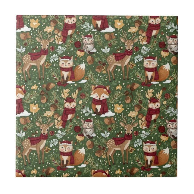 Scandinavian Woodland Christmas Pattern Ceramic Tile (Front)
