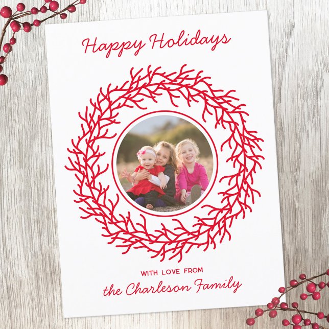 Scandinavian Wreath Photo Red and White Holiday Postcard (Scandinavian wreath personalized photo red and white Christmas or Holiday postcard)