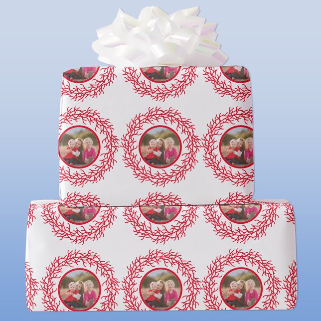 Scandinavian Wreath Photo Red and White Holiday Wrapping Paper (Scandinavian wreath personalized photo red and white Christmas or Holiday gift wrapping paper roll)