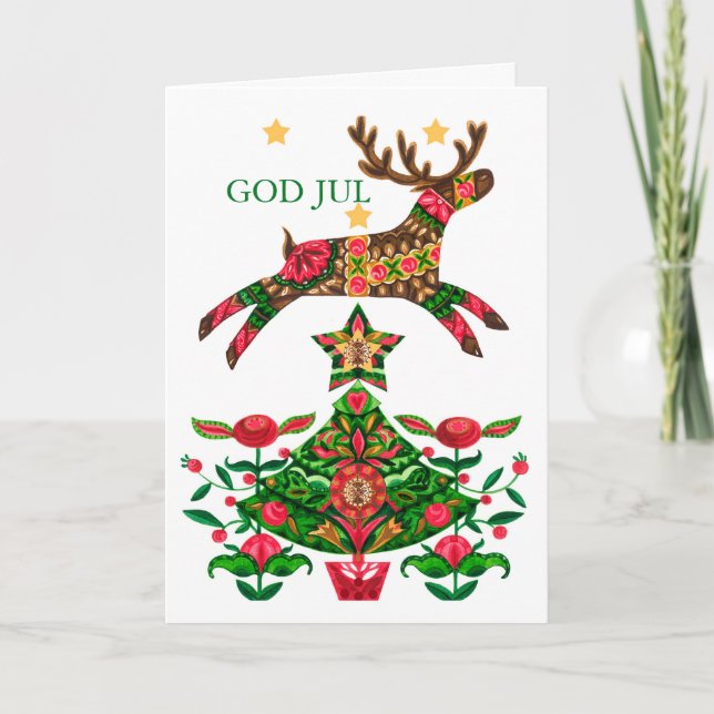 Scandinavian Xmas Reindeer and Tree Greeting Card (Front)