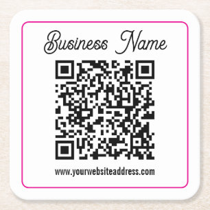 Scannable QR code with Cursive Script Handwriting Square Paper Coaster