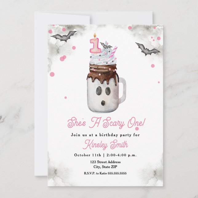 Scare One 1st Birthday Pink Ghost Milkshake Invitation (Front)