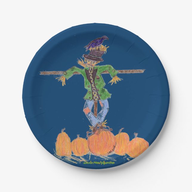Scarecrow and Pumpkins Paper Plate (Front)