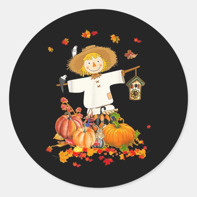 Scarecrow Autumn Hello Fall Pumpkin Thanksgiving H Classic Round Sticker (Front)
