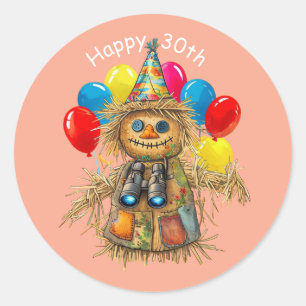 Scarecrow Birdwatcher 30th Birthday Design Classic Round Sticker