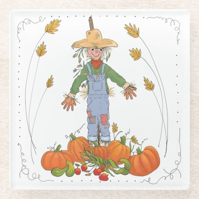 Scarecrow Fall Pumpkin Patch Fun Illustration Glass Coaster (Front)