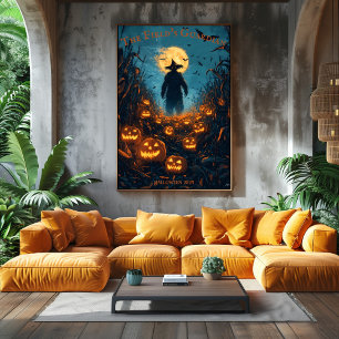 Scarecrow Halloween with Glowing Jack-O'-Lanterns Poster