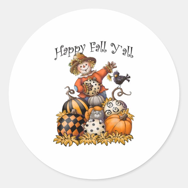 scarecrow happy fall y all pumpkin thanksgiving ha classic round sticker (Front)