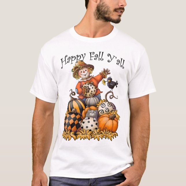 Scarecrow Happy Fall Y'all Pumpkin Thanksgiving Ha T-Shirt (Front)