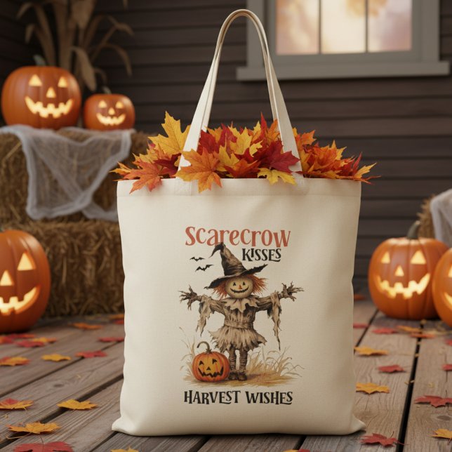 Scarecrow Kisses and Harvest Wishes Autumn Tote Bag (Scarecrow Kisses and Harvest Wishes Vintage Autumn Tote Bag)