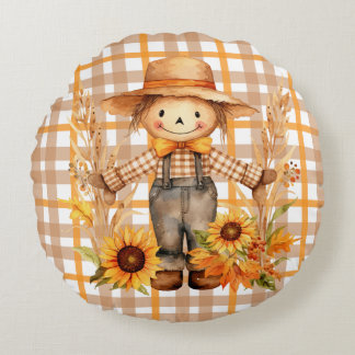 Scarecrow on Brown and Orange Gingham Plaid Round Cushion