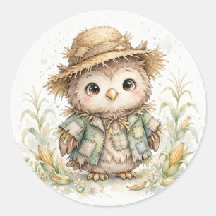 Scarecrow Owl in Cornfield Halloween Classic Round Sticker