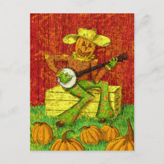 Scarecrow playing the banjo painting postcard