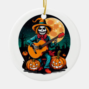 scarecrow plays guitar and celebrates halloween ceramic ornament