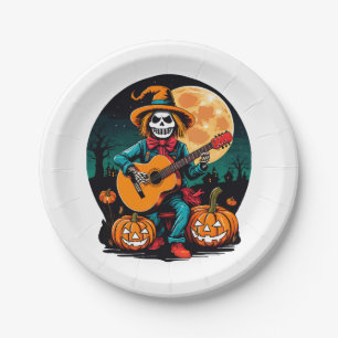 scarecrow plays guitar and celebrates halloween paper plate