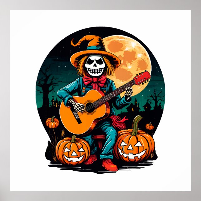 scarecrow plays guitar and celebrates halloween poster (Front)