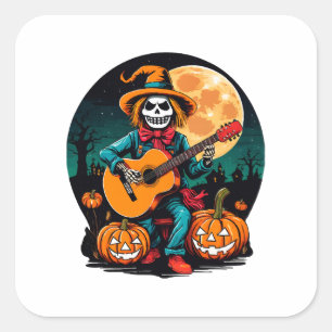 scarecrow plays guitar and celebrates halloween square sticker