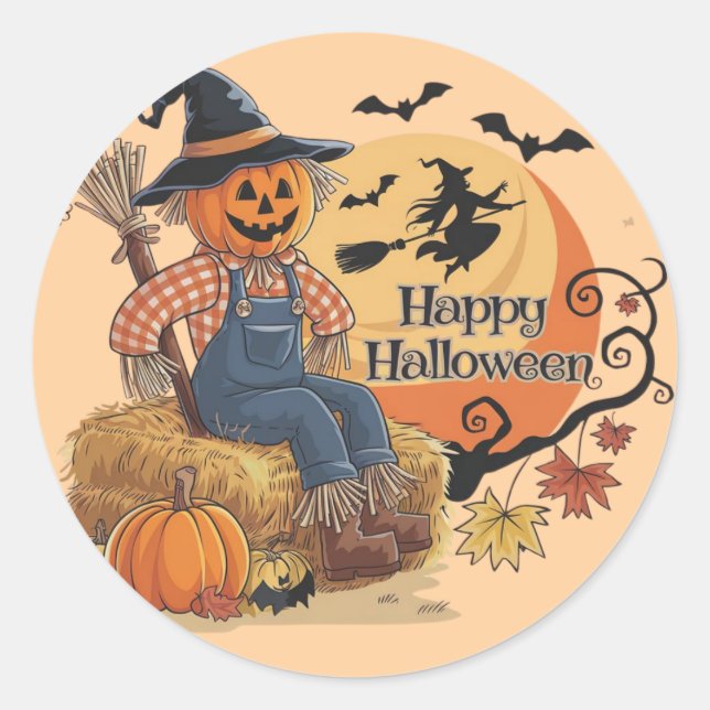 Scarecrow Pumpkin Halloween Rustic Vibes Art Classic Round Sticker (Front)