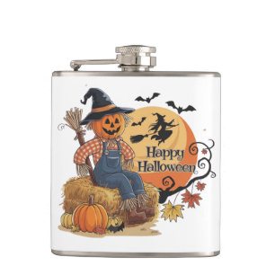 Scarecrow Pumpkin Halloween Rustic Vibes Art Hip Flask