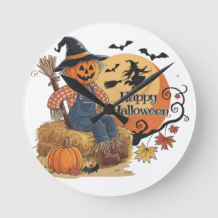 Scarecrow Pumpkin Halloween Rustic Vibes Art Round Clock