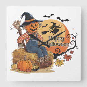 Scarecrow Pumpkin Halloween Rustic Vibes Art Square Wall Clock