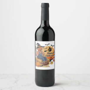 Scarecrow Pumpkin Halloween Rustic Vibes Art Wine Label