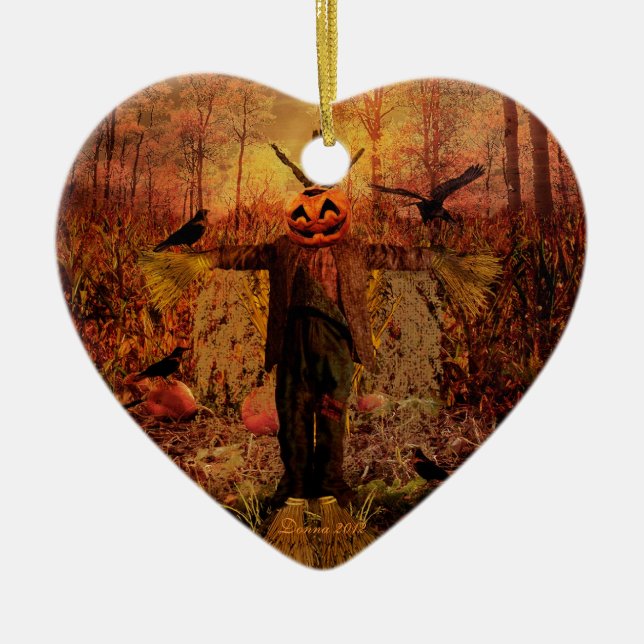 Scarecrow  Pumpkin Patch Heart Ornament (Front)