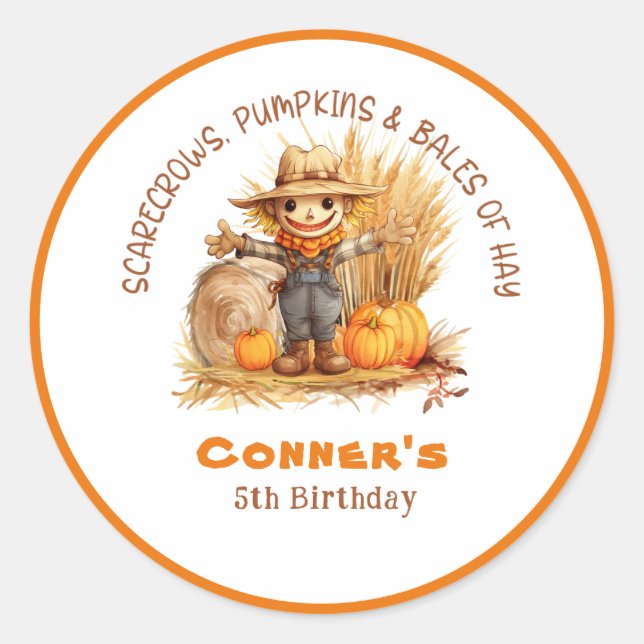 SCARECROW PUMPKINS & BALES OF HAY MODERN BIRTHDAY  CLASSIC ROUND STICKER (Front)