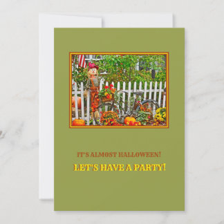 SCARECROW,PUMPKINS,MUMS,BIKE &WHITE PICKET FENCE INVITATION