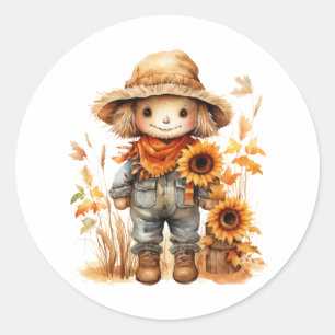 Scarecrow Sunflower Classic Round Sticker