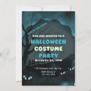 Scarecrow with Jack-O' Lantern Head Blue Halloween Invitation