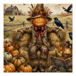 Scarecrow With Pumpkins And Crows Autumn Farm Flee Poster