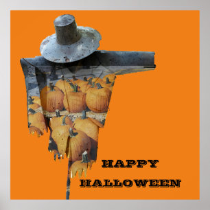 Scarecrow with pumpkins & witch hat on a stick poster