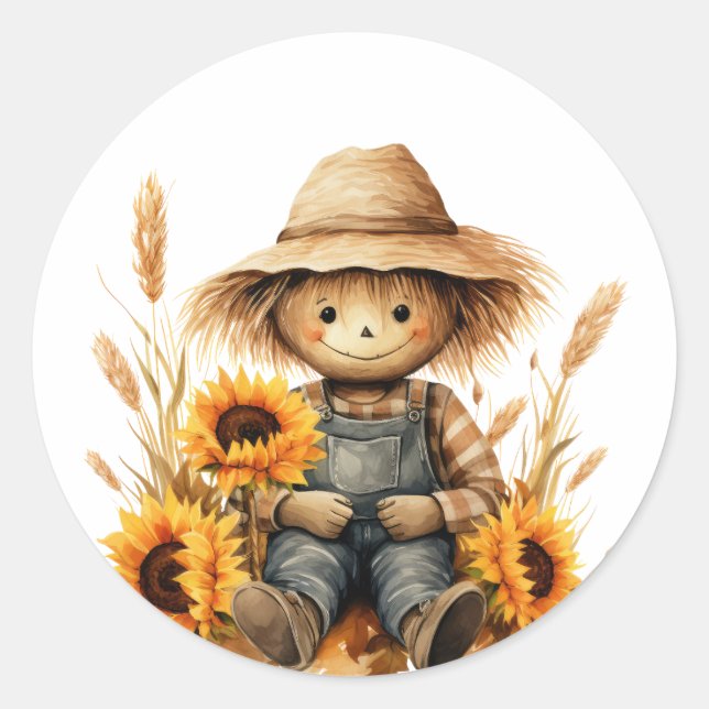 Scarecrow with Sunflower  Classic Round Sticker (Front)
