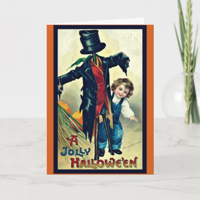 Scarecrow with Top Hat Vintage Halloween Card (Front)